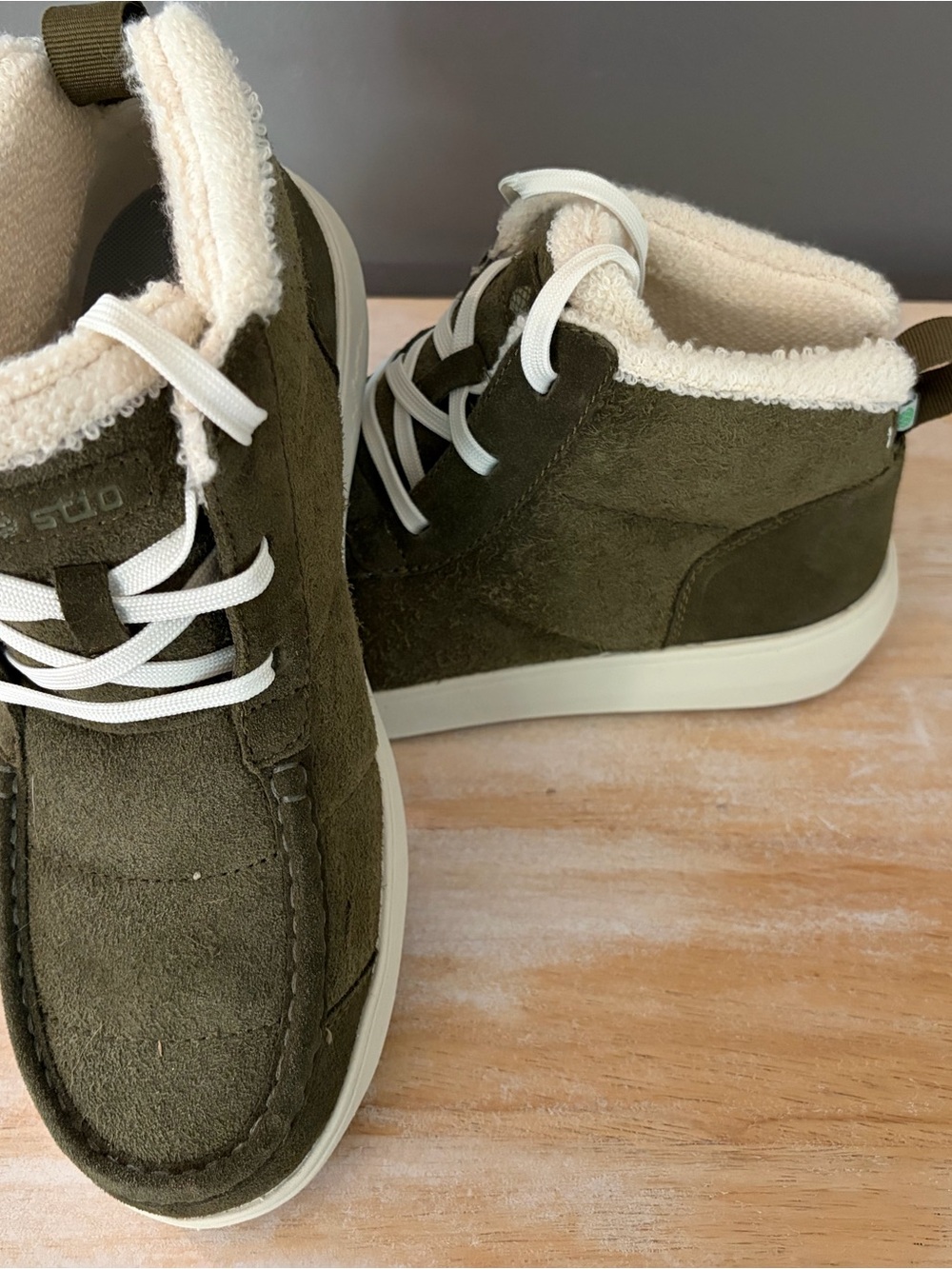 Stio Olive Green Suede Shearling-Lined Ankle Boots